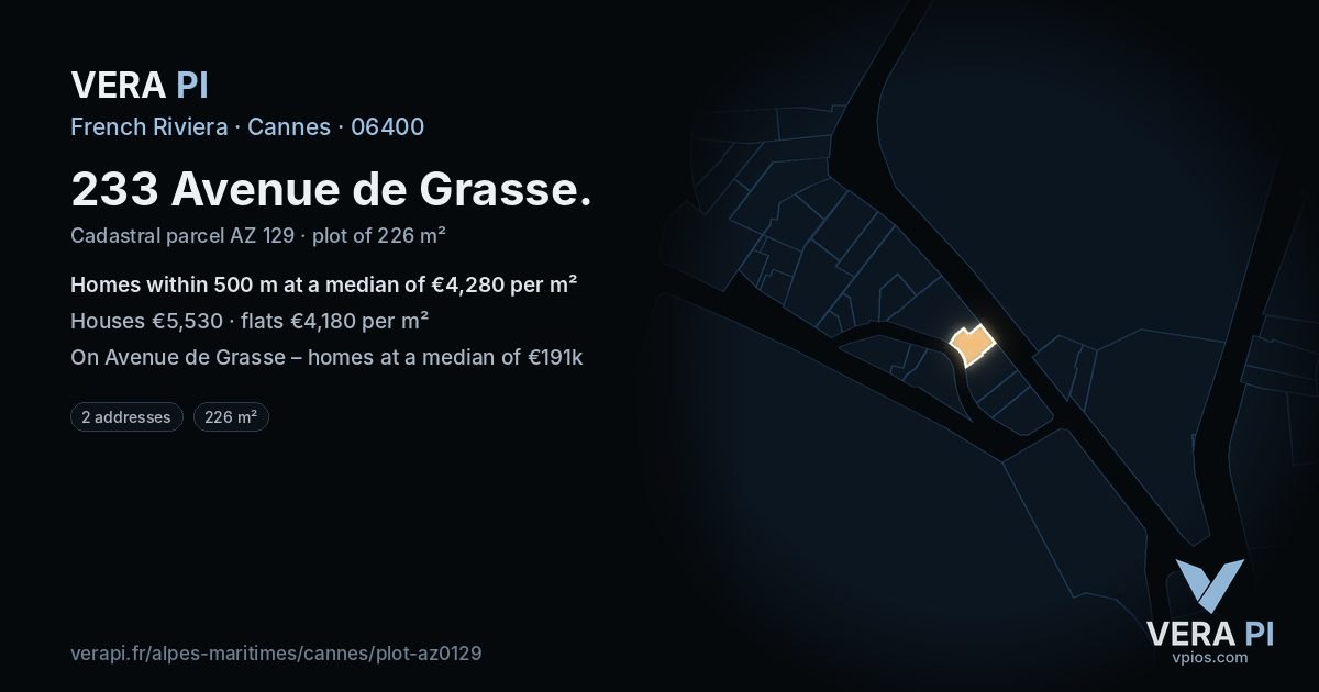 233 Avenue de Grasse, Cannes at night – the plot lit, the parcels around coloured by the prices near them