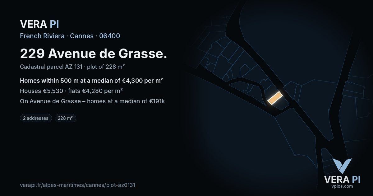 229 Avenue de Grasse, Cannes at night – the plot lit, the parcels around coloured by the prices near them