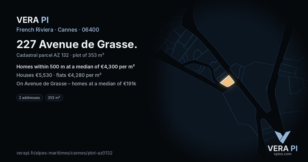 227 Avenue de Grasse, Cannes at night – the plot lit, the parcels around coloured by the prices near them
