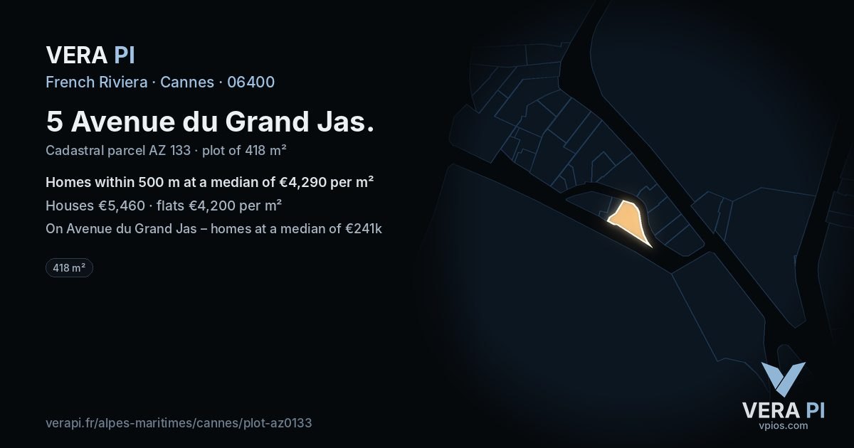 5 Avenue du Grand Jas, Cannes at night – the plot lit, the parcels around coloured by the prices near them