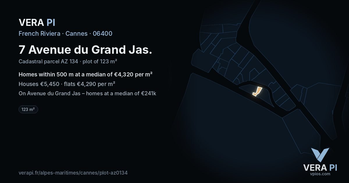7 Avenue du Grand Jas, Cannes at night – the plot lit, the parcels around coloured by the prices near them