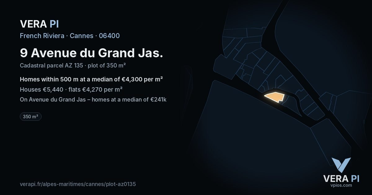 9 Avenue du Grand Jas, Cannes at night – the plot lit, the parcels around coloured by the prices near them