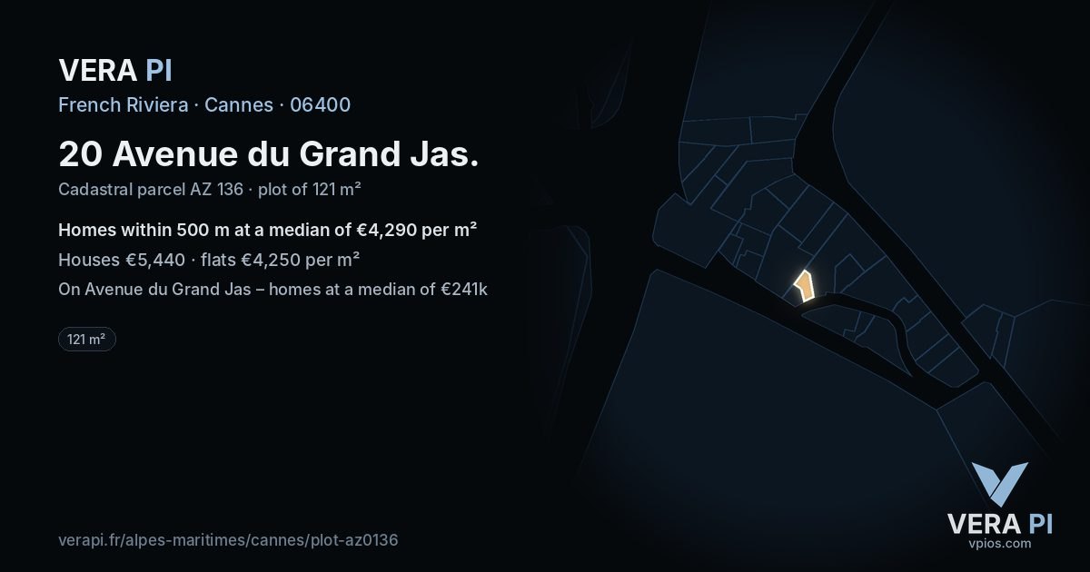 20 Avenue du Grand Jas, Cannes at night – the plot lit, the parcels around coloured by the prices near them
