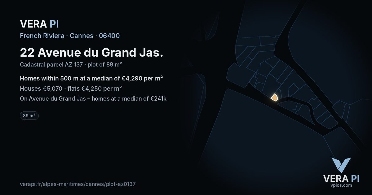 22 Avenue du Grand Jas, Cannes at night – the plot lit, the parcels around coloured by the prices near them