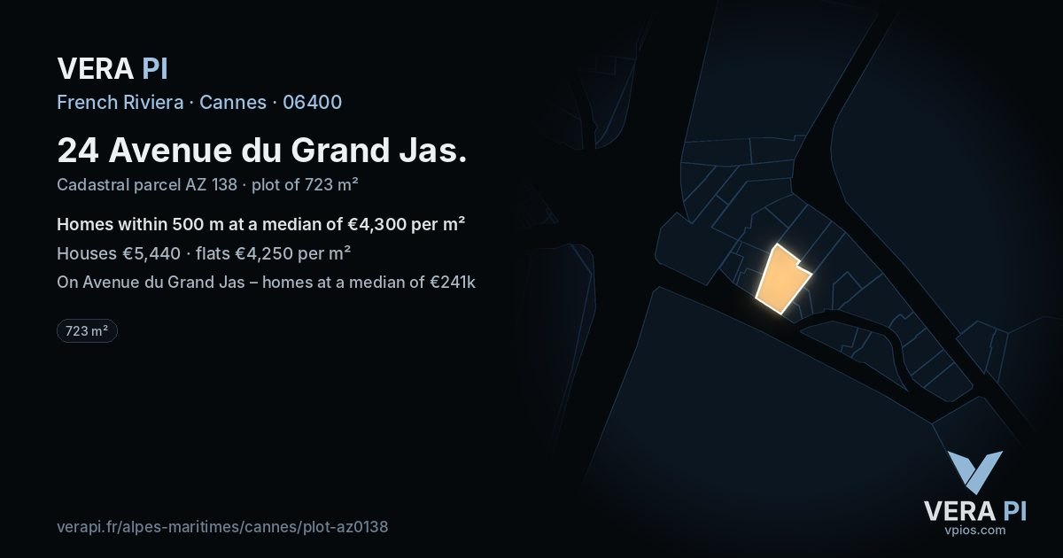 24 Avenue du Grand Jas, Cannes at night – the plot lit, the parcels around coloured by the prices near them