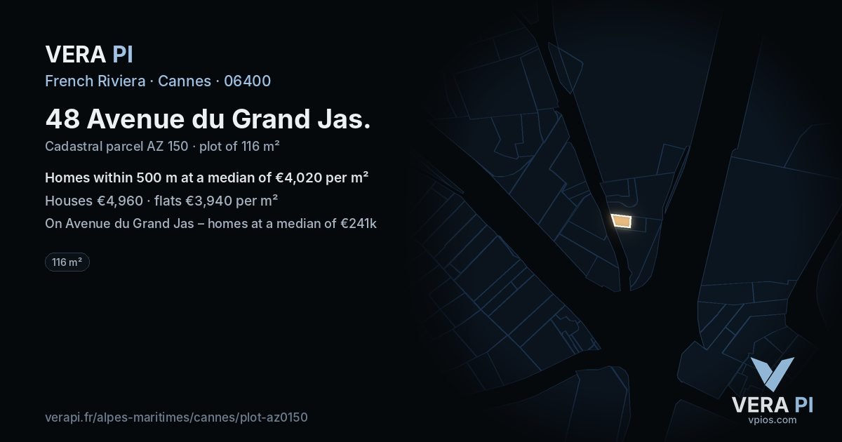 48 Avenue du Grand Jas, Cannes at night – the plot lit, the parcels around coloured by the prices near them