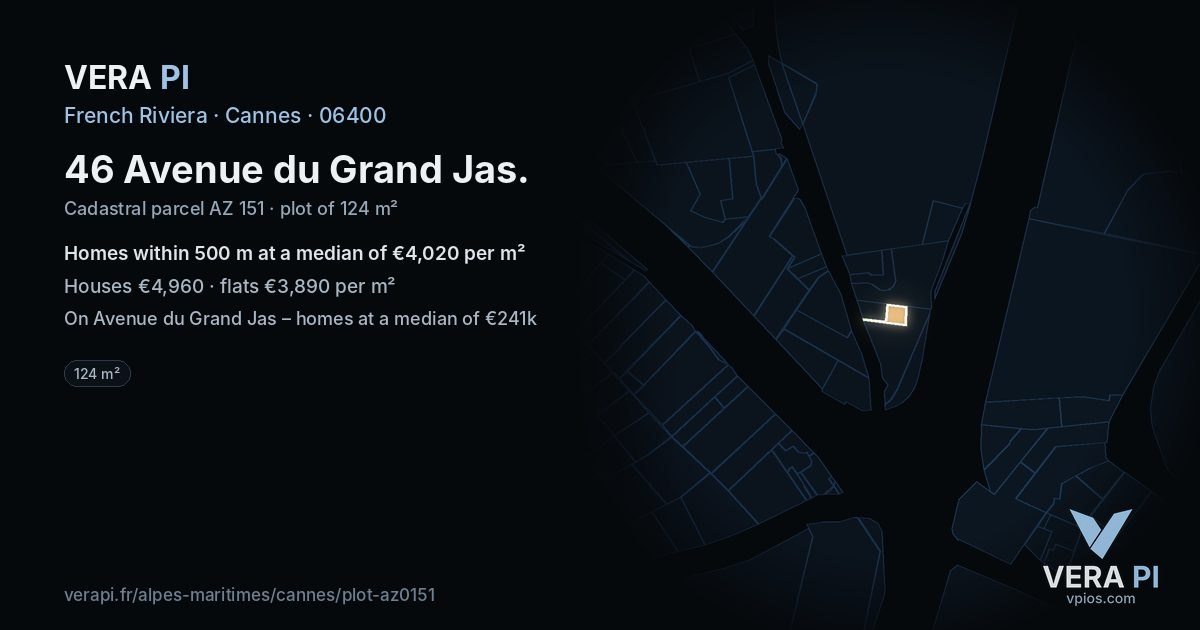 46 Avenue du Grand Jas, Cannes at night – the plot lit, the parcels around coloured by the prices near them