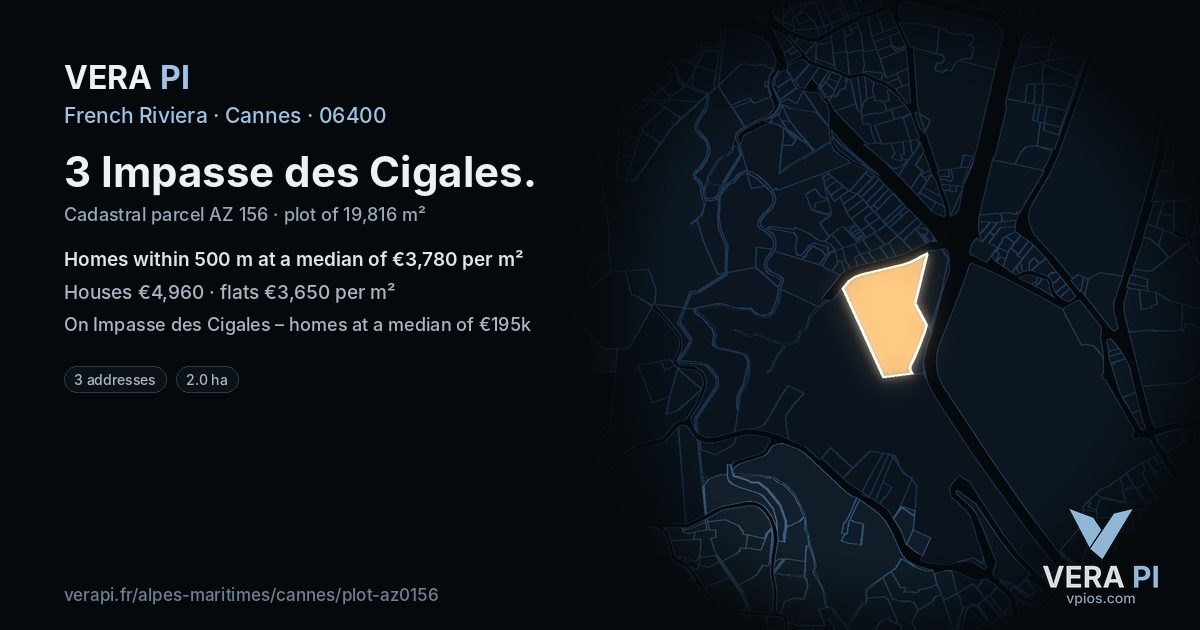 3 Impasse des Cigales, Cannes at night – the plot lit, the parcels around coloured by the prices near them