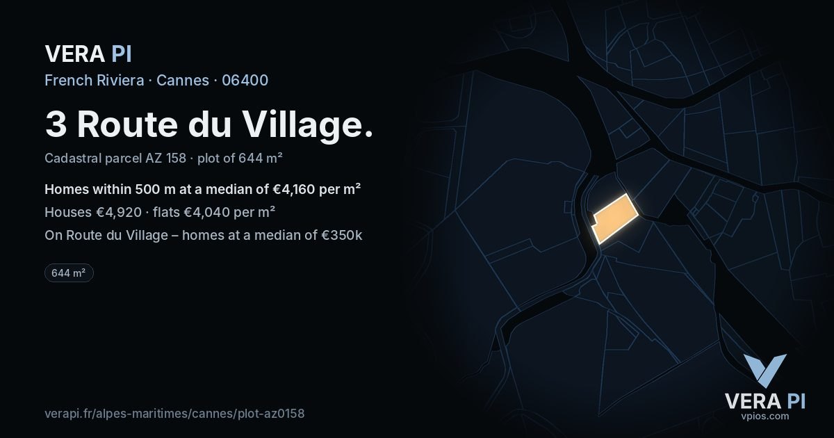 3 Route du Village, Cannes at night – the plot lit, the parcels around coloured by the prices near them