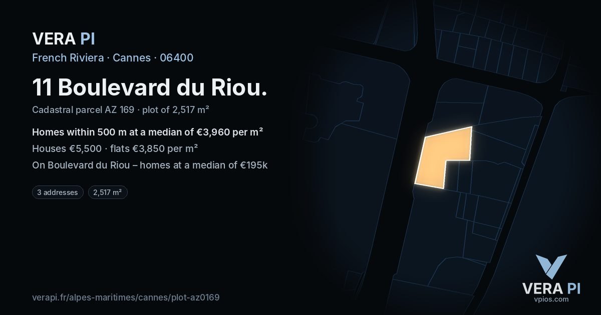 11 Boulevard du Riou, Cannes at night – the plot lit, the parcels around coloured by the prices near them
