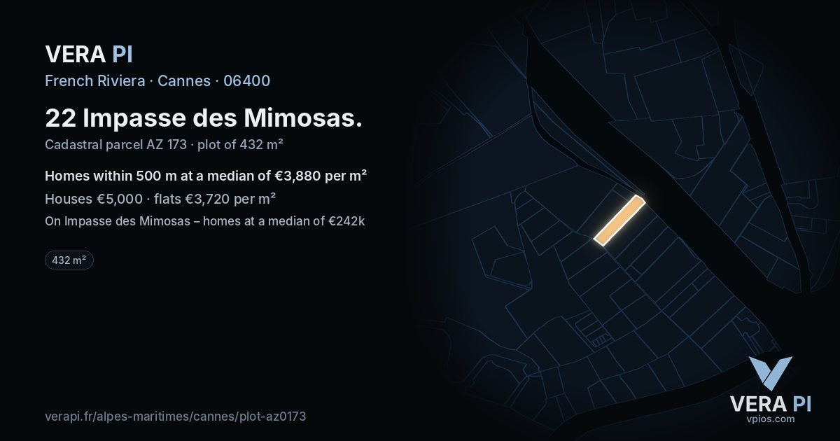 22 Impasse des Mimosas, Cannes at night – the plot lit, the parcels around coloured by the prices near them