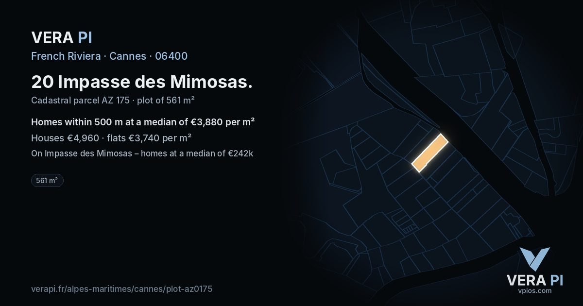 20 Impasse des Mimosas, Cannes at night – the plot lit, the parcels around coloured by the prices near them
