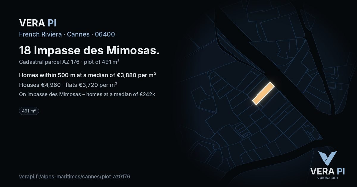 18 Impasse des Mimosas, Cannes at night – the plot lit, the parcels around coloured by the prices near them