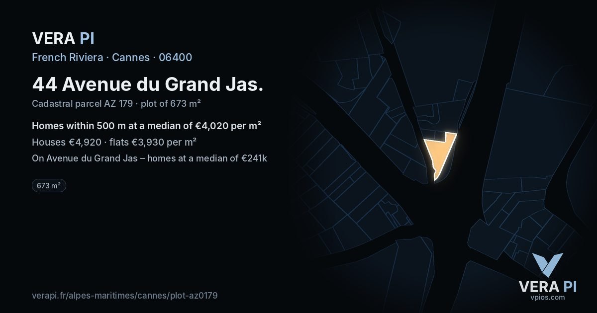44 Avenue du Grand Jas, Cannes at night – the plot lit, the parcels around coloured by the prices near them