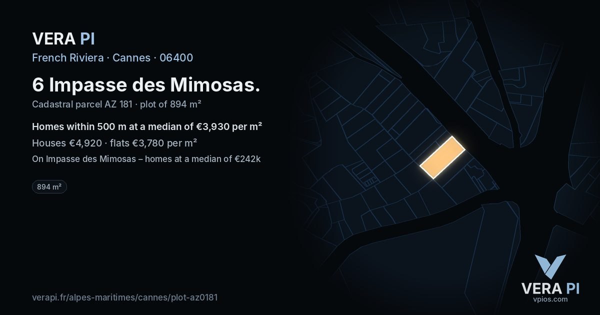 6 Impasse des Mimosas, Cannes at night – the plot lit, the parcels around coloured by the prices near them