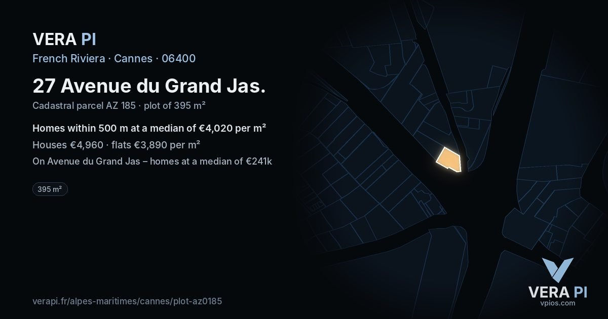 27 Avenue du Grand Jas, Cannes at night – the plot lit, the parcels around coloured by the prices near them