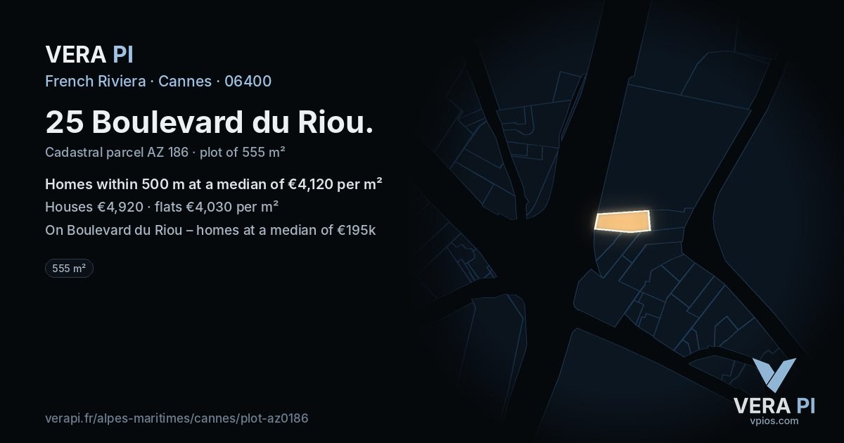 25 Boulevard du Riou, Cannes at night – the plot lit, the parcels around coloured by the prices near them