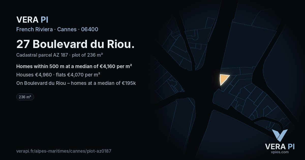 27 Boulevard du Riou, Cannes at night – the plot lit, the parcels around coloured by the prices near them
