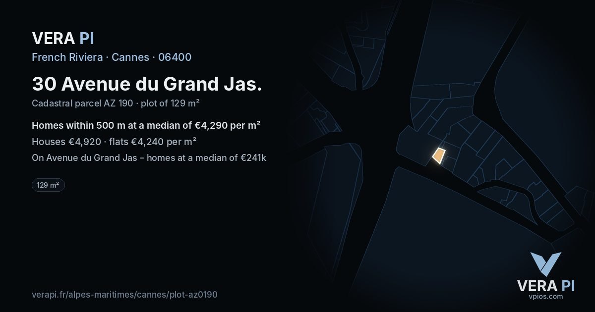 30 Avenue du Grand Jas, Cannes at night – the plot lit, the parcels around coloured by the prices near them