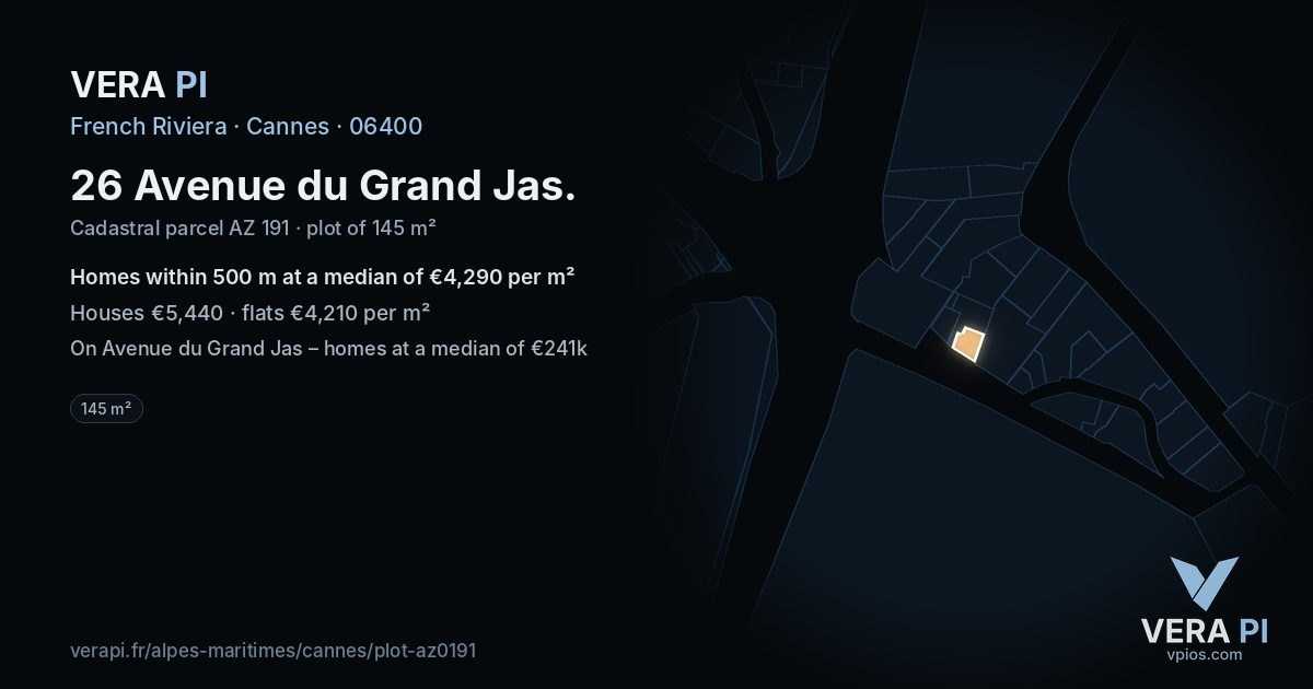 26 Avenue du Grand Jas, Cannes at night – the plot lit, the parcels around coloured by the prices near them