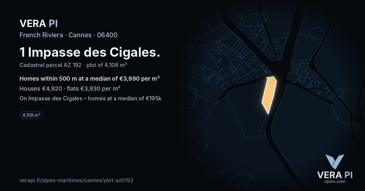 1 Impasse des Cigales, Cannes at night – the plot lit, the parcels around coloured by the prices near them