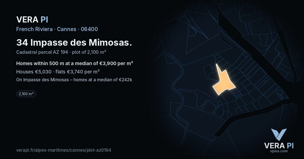 34 Impasse des Mimosas, Cannes at night – the plot lit, the parcels around coloured by the prices near them