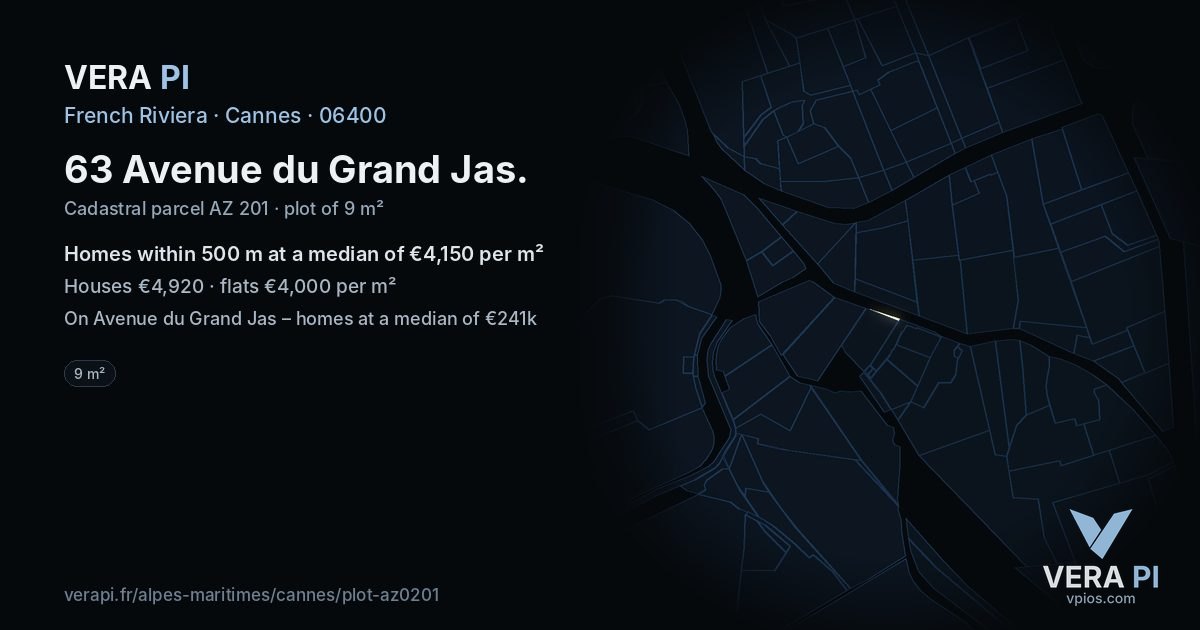 63 Avenue du Grand Jas, Cannes at night – the plot lit, the parcels around coloured by the prices near them
