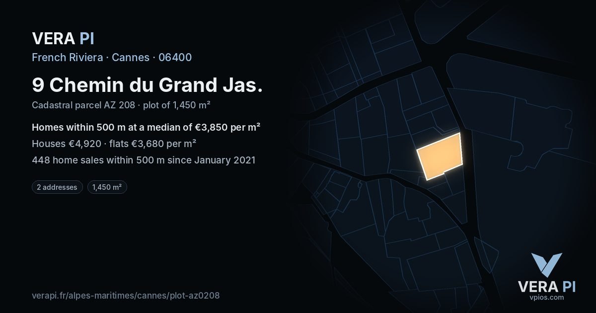 9 Chemin du Grand Jas, Cannes at night – the plot lit, the parcels around coloured by the prices near them