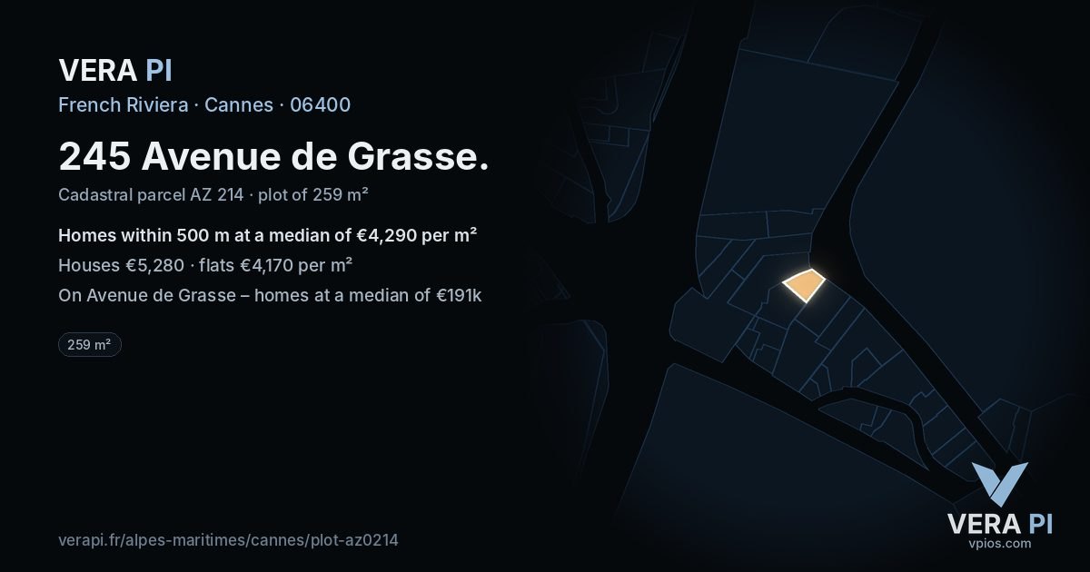 245 Avenue de Grasse, Cannes at night – the plot lit, the parcels around coloured by the prices near them