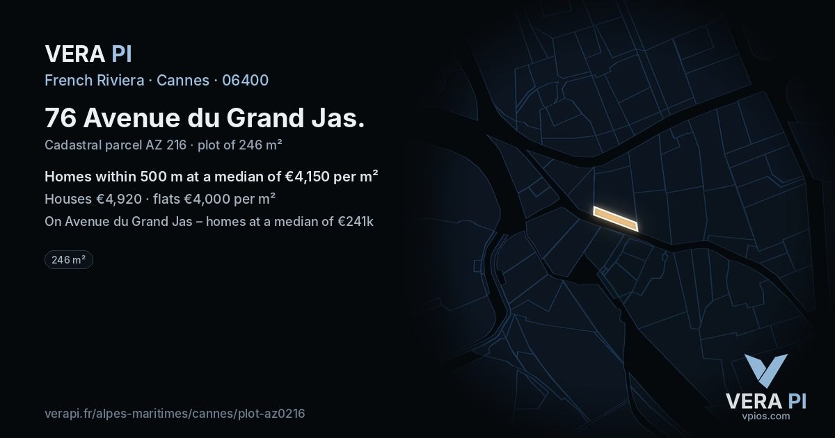 76 Avenue du Grand Jas, Cannes at night – the plot lit, the parcels around coloured by the prices near them