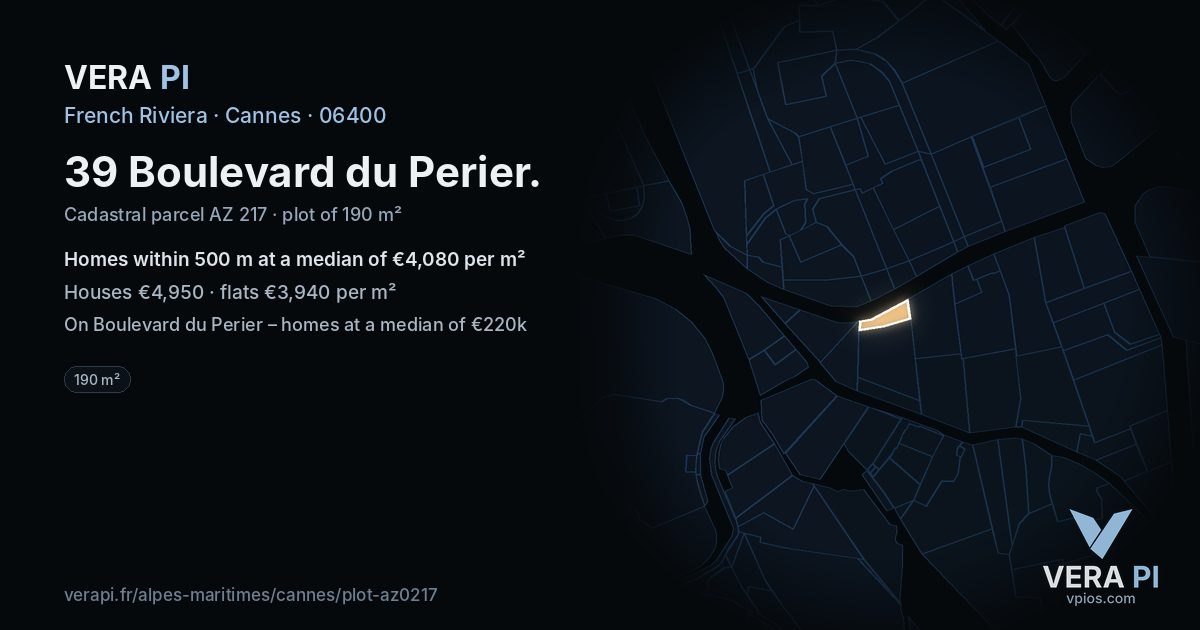 39 Boulevard du Perier, Cannes at night – the plot lit, the parcels around coloured by the prices near them