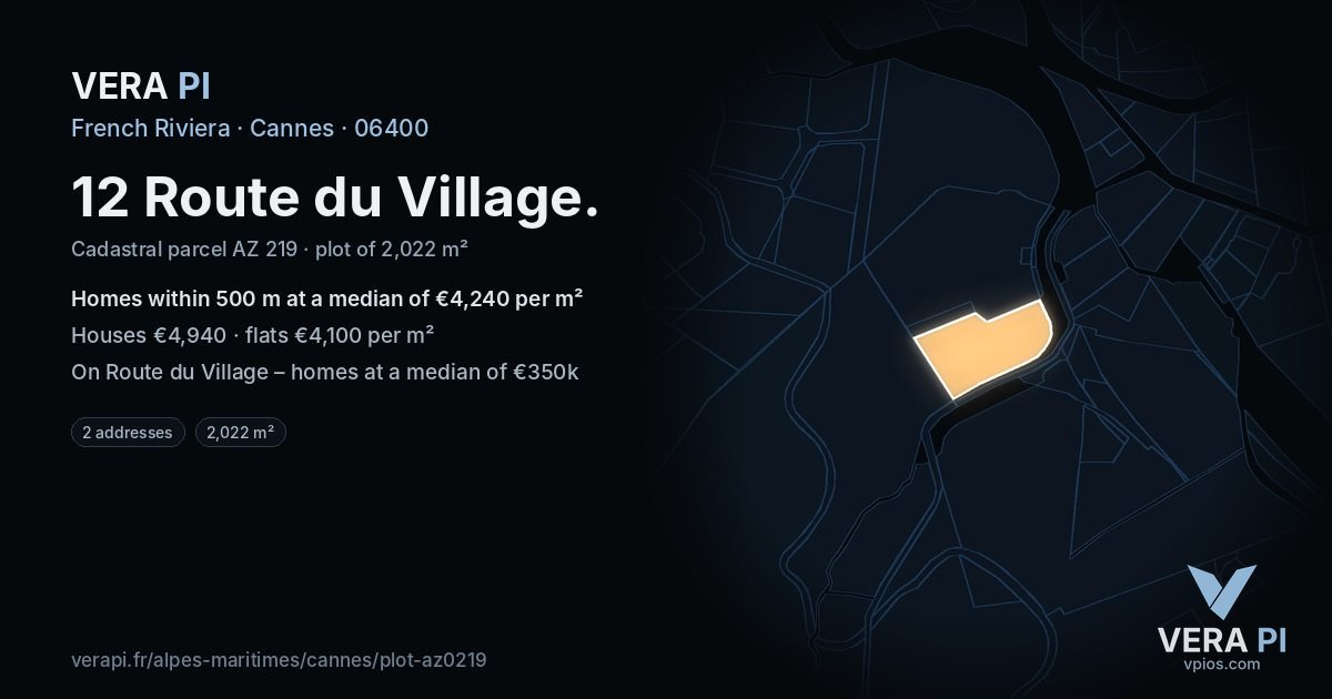 12 Route du Village, Cannes at night – the plot lit, the parcels around coloured by the prices near them
