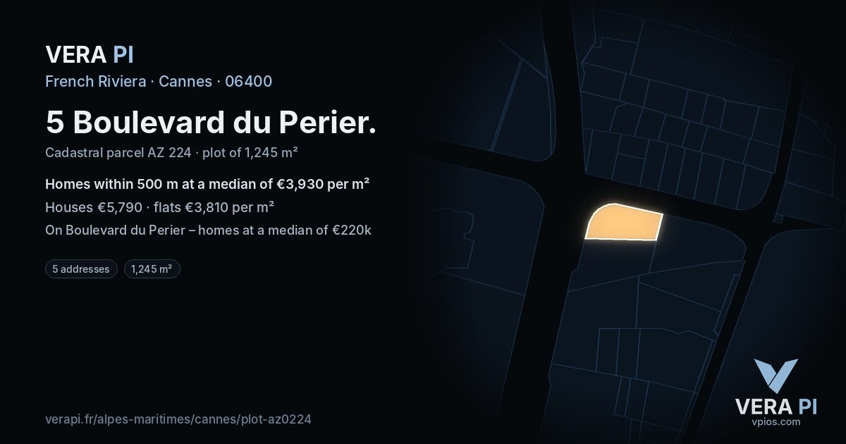 5 Boulevard du Perier, Cannes at night – the plot lit, the parcels around coloured by the prices near them