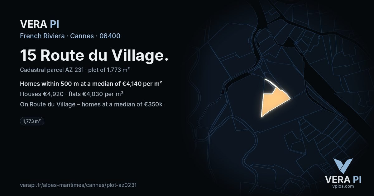 15 Route du Village, Cannes at night – the plot lit, the parcels around coloured by the prices near them