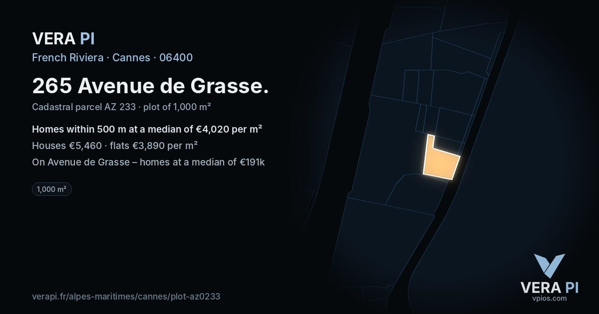 265 Avenue de Grasse, Cannes at night – the plot lit, the parcels around coloured by the prices near them
