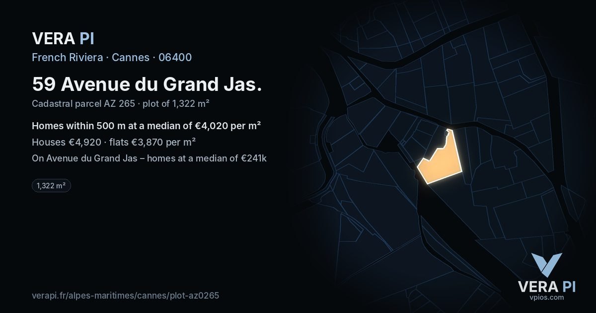 59 Avenue du Grand Jas, Cannes at night – the plot lit, the parcels around coloured by the prices near them