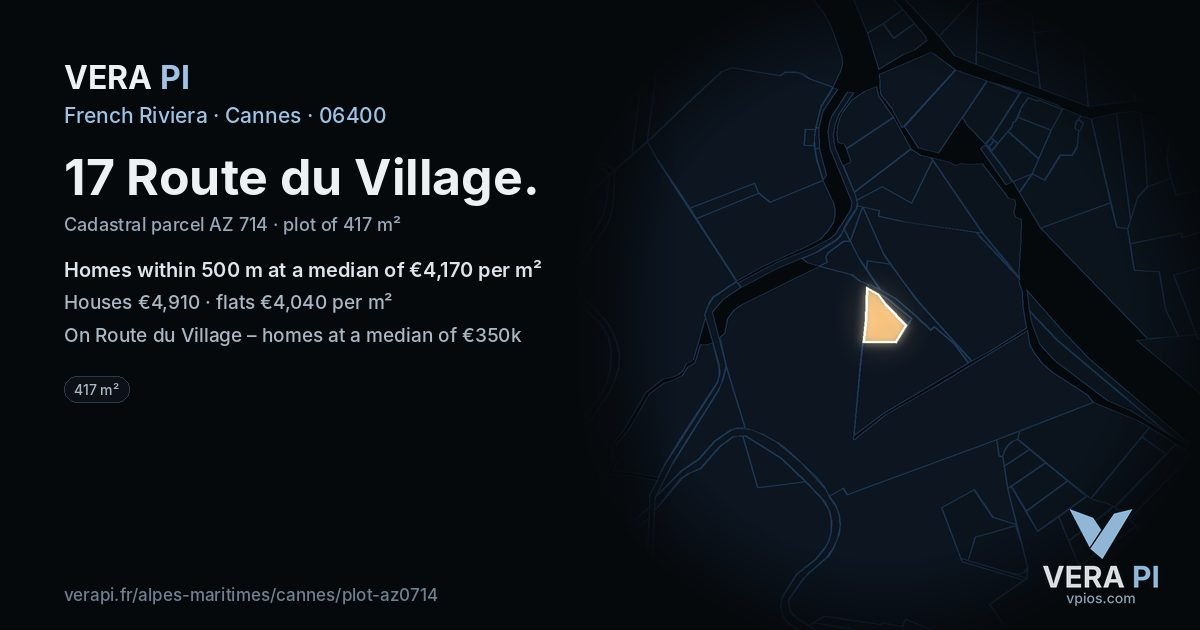 17 Route du Village, Cannes at night – the plot lit, the parcels around coloured by the prices near them