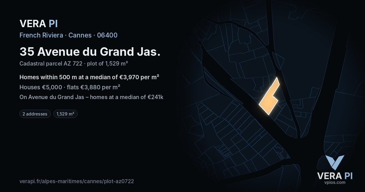 35 Avenue du Grand Jas, Cannes at night – the plot lit, the parcels around coloured by the prices near them