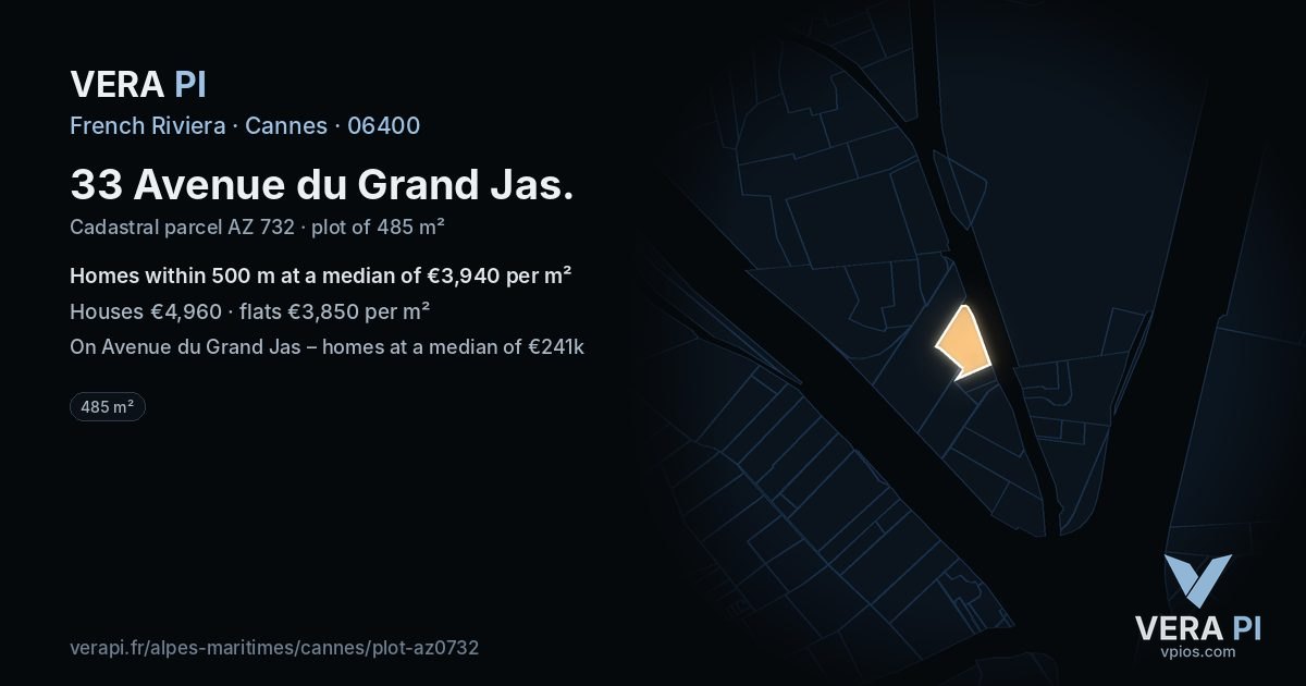 33 Avenue du Grand Jas, Cannes at night – the plot lit, the parcels around coloured by the prices near them