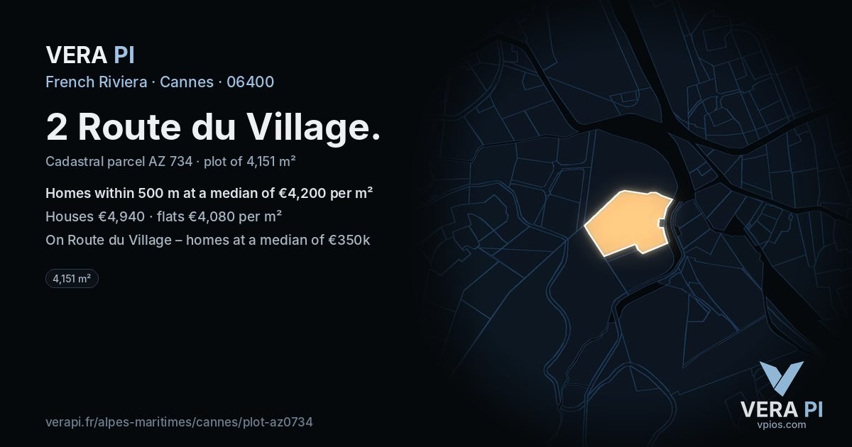 2 Route du Village, Cannes at night – the plot lit, the parcels around coloured by the prices near them