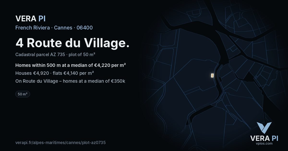 4 Route du Village, Cannes at night – the plot lit, the parcels around coloured by the prices near them