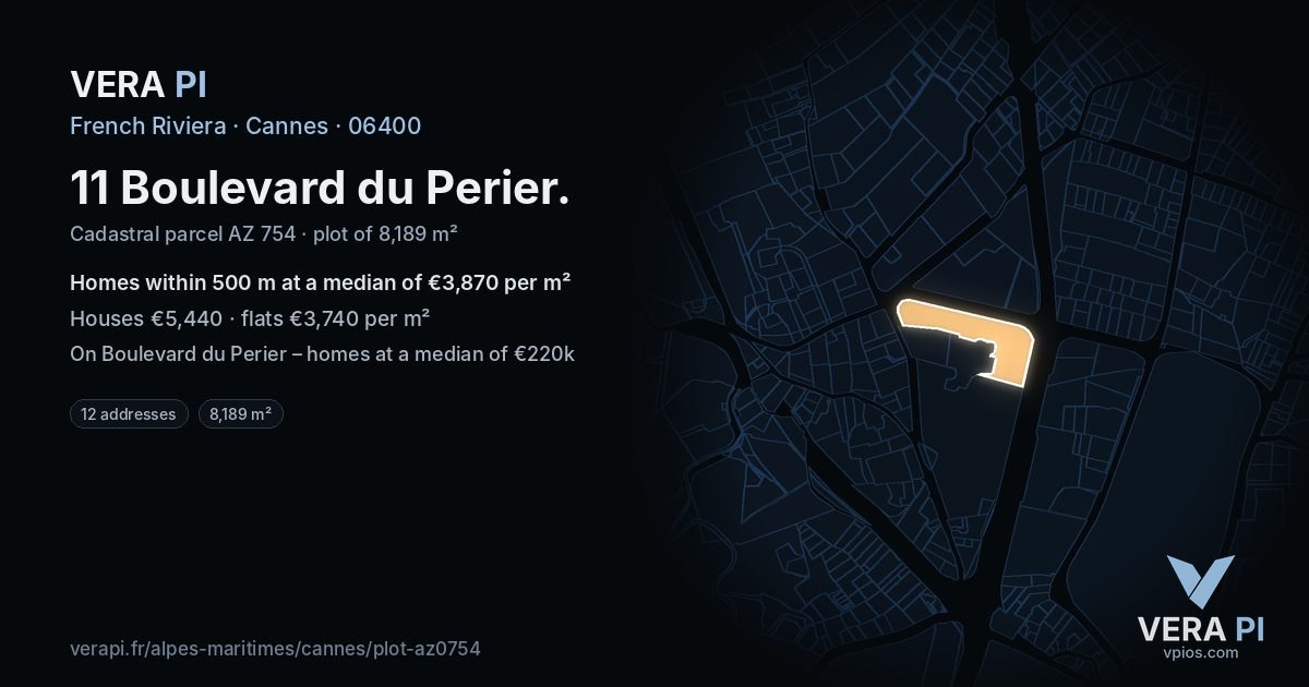 11 Boulevard du Perier, Cannes at night – the plot lit, the parcels around coloured by the prices near them