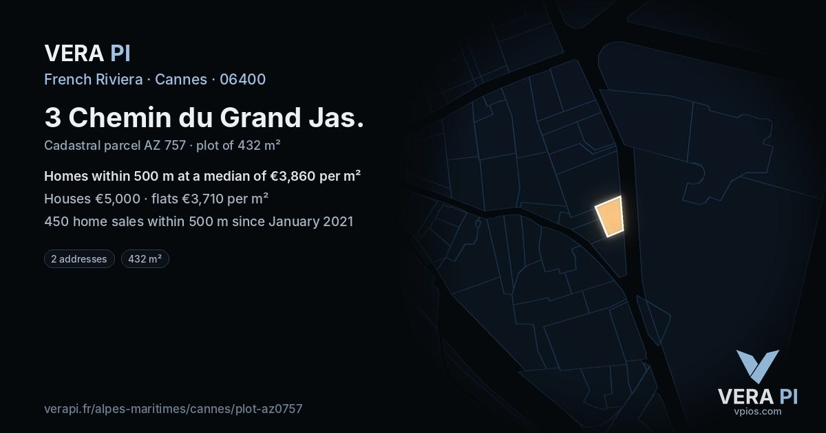3 Chemin du Grand Jas, Cannes at night – the plot lit, the parcels around coloured by the prices near them