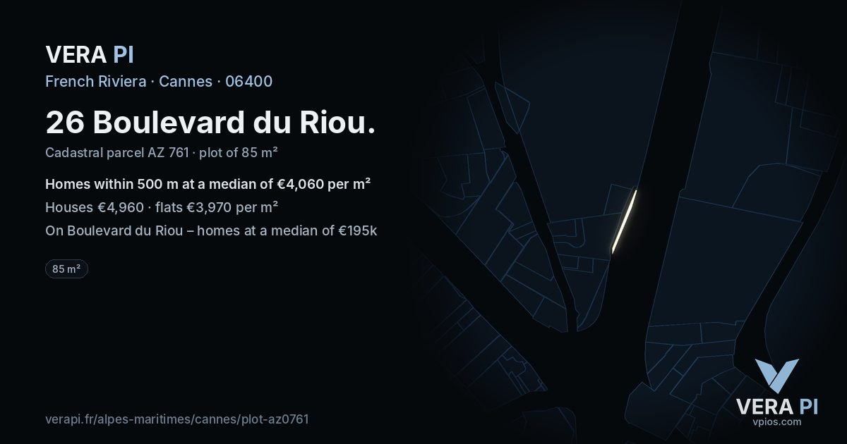 26 Boulevard du Riou, Cannes at night – the plot lit, the parcels around coloured by the prices near them