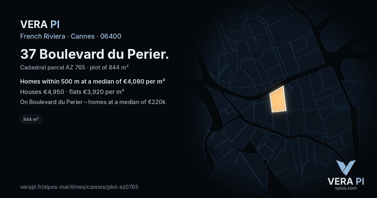 37 Boulevard du Perier, Cannes at night – the plot lit, the parcels around coloured by the prices near them