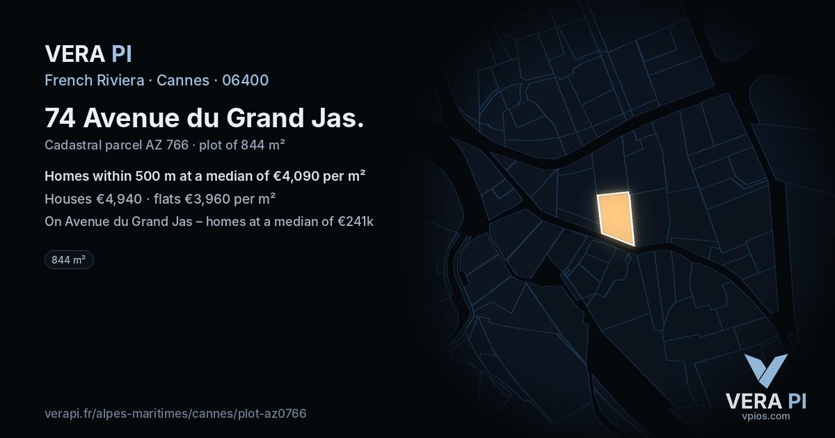 74 Avenue du Grand Jas, Cannes at night – the plot lit, the parcels around coloured by the prices near them