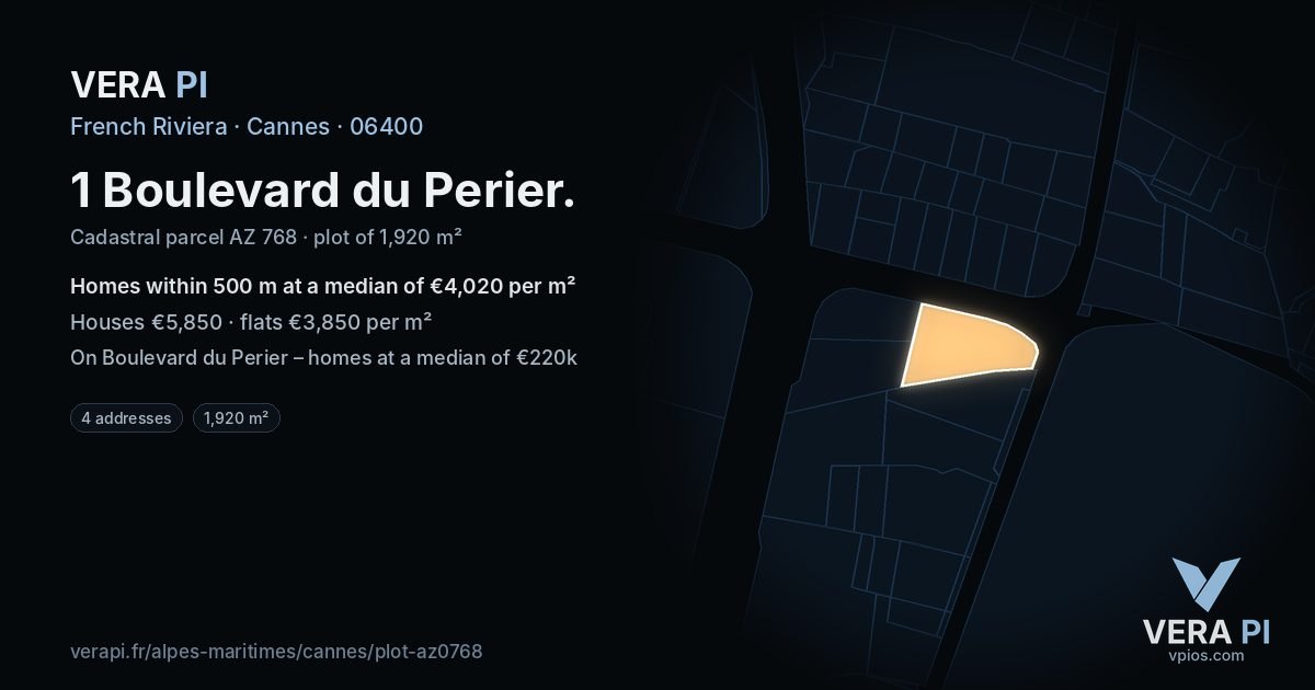 1 Boulevard du Perier, Cannes at night – the plot lit, the parcels around coloured by the prices near them