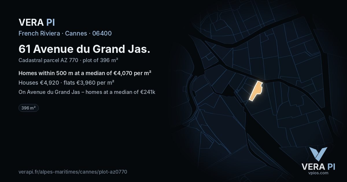 61 Avenue du Grand Jas, Cannes at night – the plot lit, the parcels around coloured by the prices near them