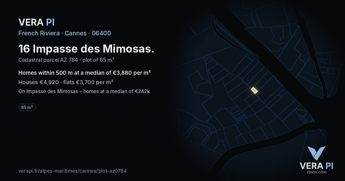 16 Impasse des Mimosas, Cannes at night – the plot lit, the parcels around coloured by the prices near them