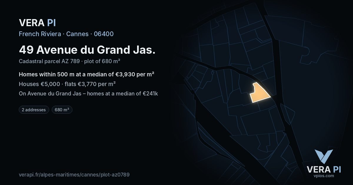 49 Avenue du Grand Jas, Cannes at night – the plot lit, the parcels around coloured by the prices near them
